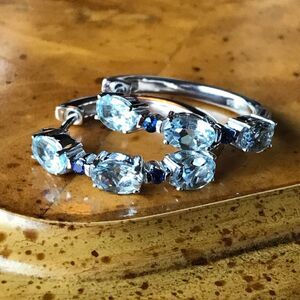 Natural Aquamarine Blue Sapphire Sterling Silver Hoop Earrings